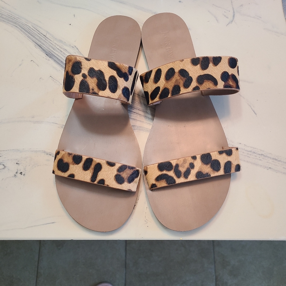 JCrew Easy Summer Comfy Wife mobe Calf Hair Upper Leopard Slide Sandals Size 7